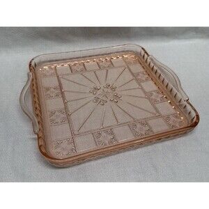 Jeanette glass co. Vintage pink glass square serving platter with handles 8.25”